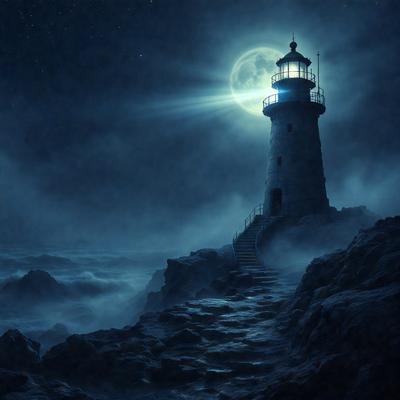 Primary subject: Lighthouse
Setting/background: A rocky coastline with a moonlit night
Visual style: Digital art
Colors and mood: The lighthouse is white, and the night is dark, creating a moody atmosphere.